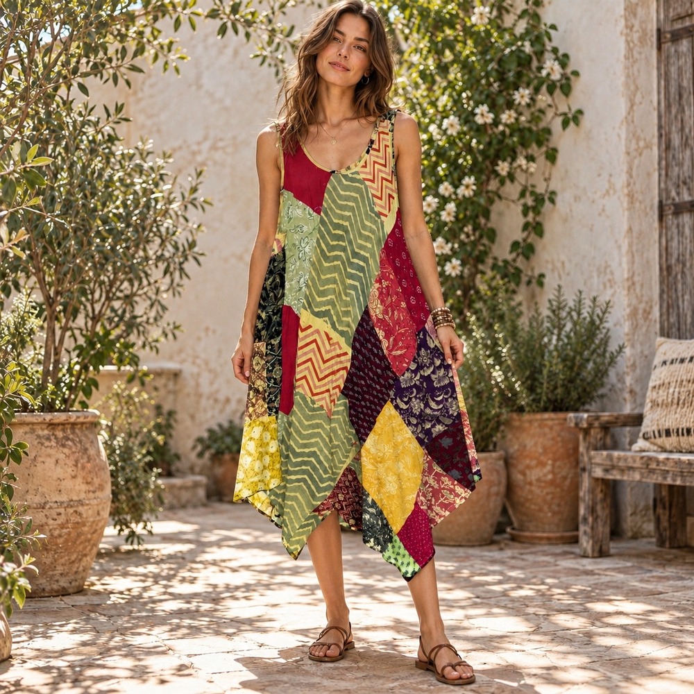 Multicolor Patchwork Asymmetrical Maxi Dress Boho Artsy pockets quy